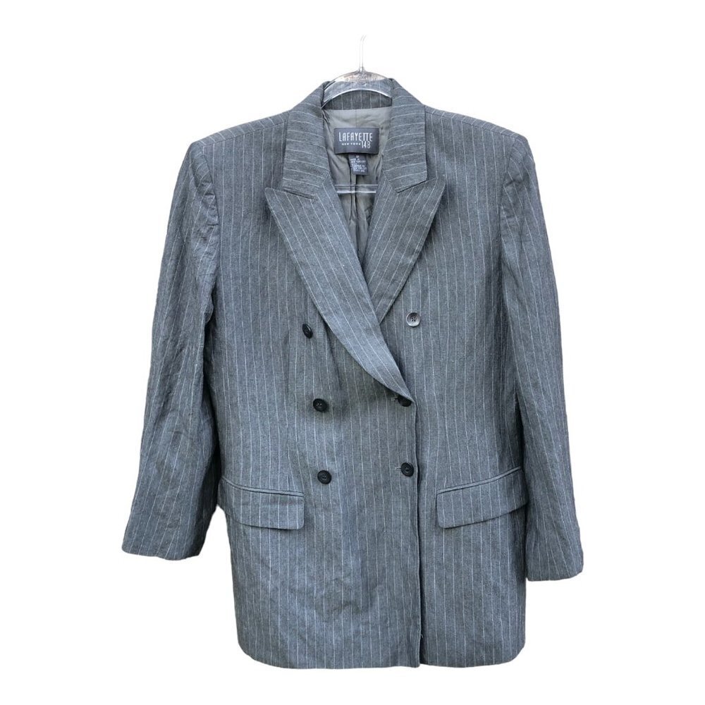 Vintage Gray Lafayette 148 Linen Blend Pinstripe Double-Breasted Blazer Size 12 - Picture 2 of 8